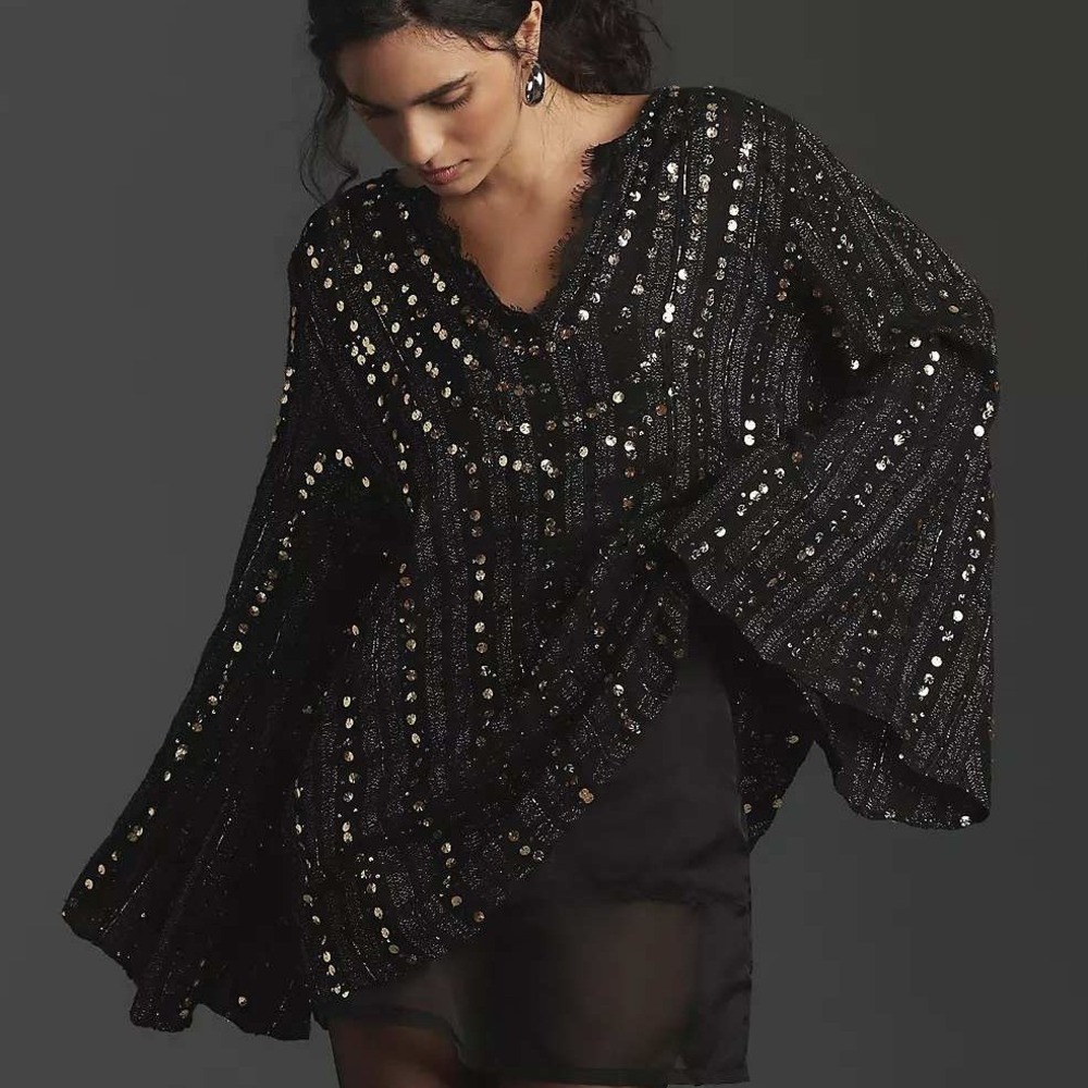 Anthropologie Let Me Be Black Gold Sequin Embellished Lace V Neck Blouse Medium